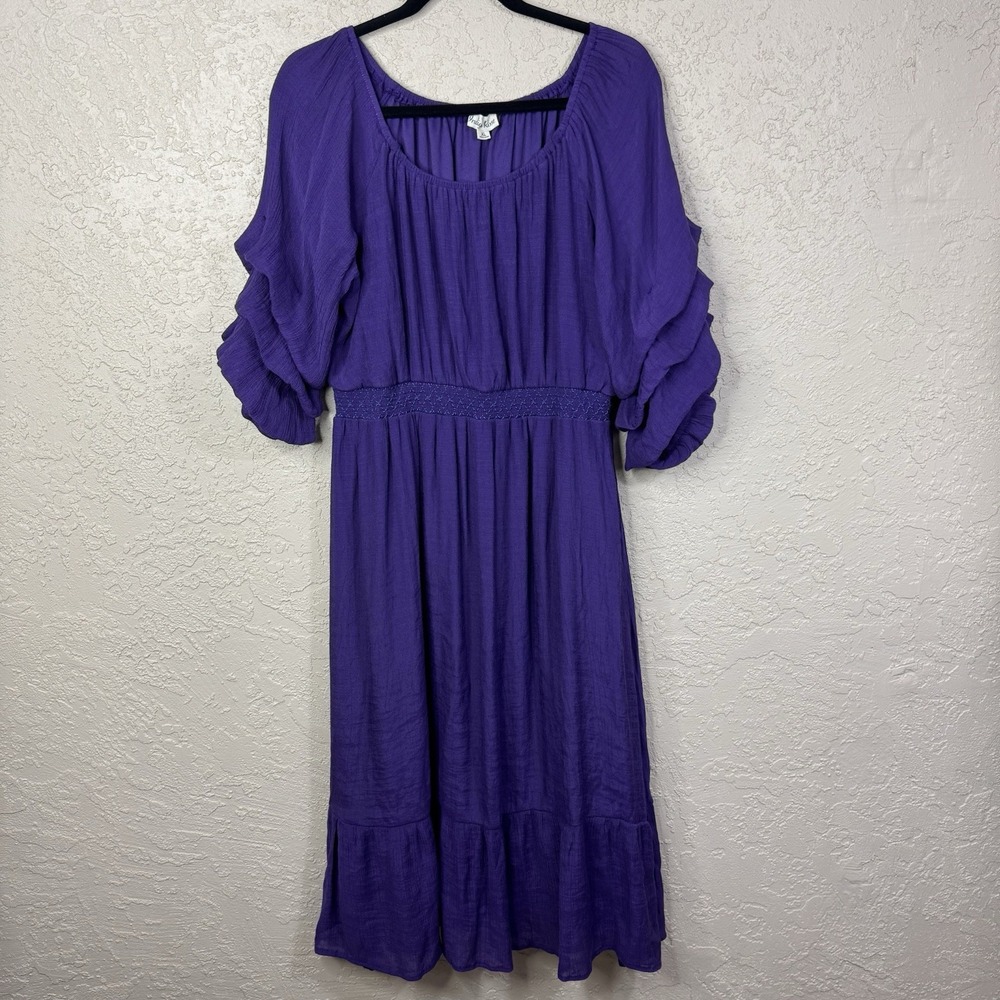 Indigo Rose Purple Midi Dress Womens XL Layered Puffed Sleeve Smocked Ruffle Hem